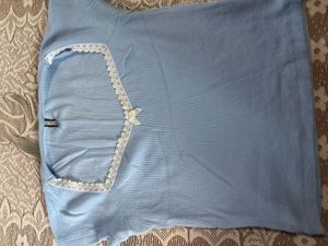 Light Blue Ribbed Top with Lace Trim