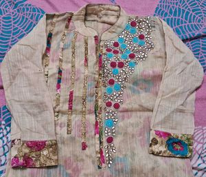 Elegant Beige Kurti with Floral Border
