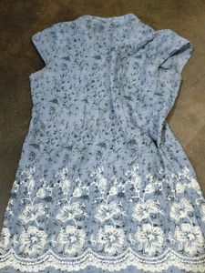 Sky Grey Top With White Chickan Work