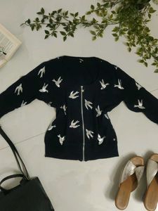 Stylish Navy Blue Bird Print Cardigan Top💙✨