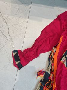 Vibrant Pink Kurta Set with Geometric Print Skirt