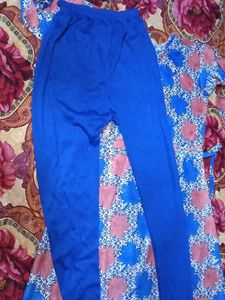 Blue &amp; Pink Leaf Print Frock with pajama