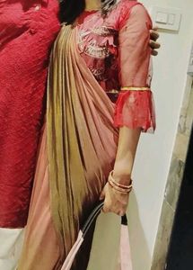 Red &amp; Gold Metallic  Ready To Wear Saree