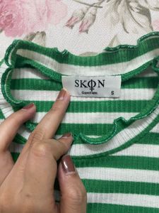 Green &amp; White Striped Ribbed Top