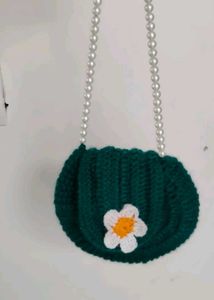 Crocheted Green Daisy Bag with Pearl Strap