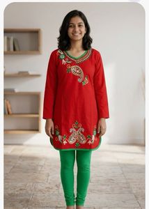 Red Embroidered Kurta with Green Leggings