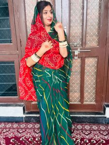 Beautiful Green Saree with Red Dupatta