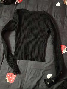 Black Ribbed Button-Up Top