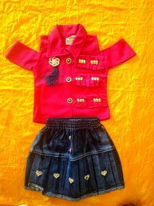 Cute Red Top & Denim Skirt Set