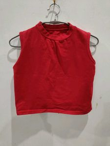 Red Sleeveless Mock Neck Crop Top Size-S