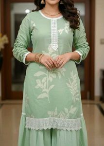 Green floral Kurta Sharara Dupatta Set full sleeve