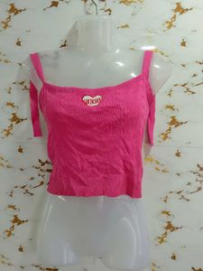 Pink Ribbed Crop Top with Heart Detail