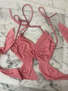Y2k Pink butterfly Neck Back Tie Crop Top