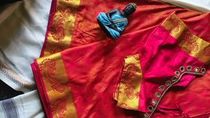 Vibrant Red Silk Saree with Gold Border