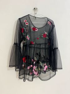 Sheer Embroidered Black Bell Sleeve Top