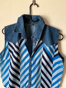 Blue Striped Sleeveless Denim Collar Top