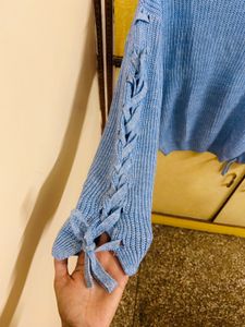 Blue Knit shimmery Sweater with Sleeve Detail