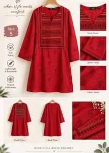 Red Embroidered Cotton Kurta