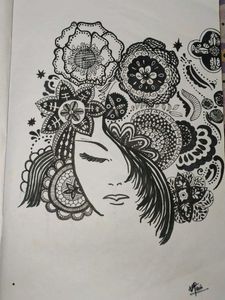 Hand-Drawn Artistic Portrait with Floral Motifs
