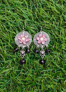 Pink Flower Oxidized Silver Drop Earrings With Pur