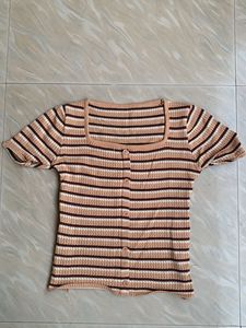 Striped Square Neck Button-Up Top