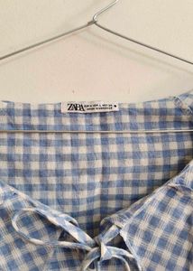 Blue Gingham Ruffle Neck Top