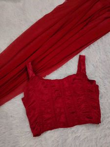 Vibrant Red Saree with Matching Corset Blouse