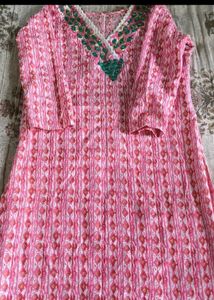 Pink Printed Kurta with Embellished Neckline