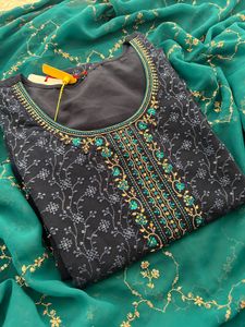 Elegant Navy Blue Kurta Set with Teal Dupatta