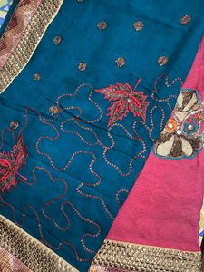 Teal &amp; Pink Embellished Saree