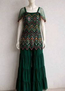 Embellished Green Kurta Set with Sharara Pants