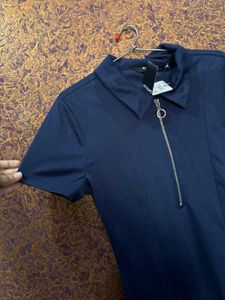Navy Blue Zipped Collar Top