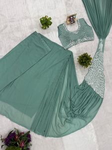 Teal &amp; Silver Embellished Saree