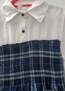 White &amp; Navy Checked Smocked Peplum Top