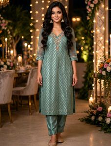Teal Kurta Set with Embellished Neckline💛