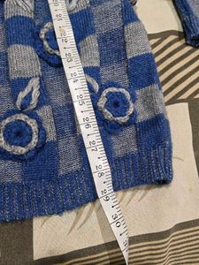 Blue &amp; Grey Knit Cardigan with Floral Detail