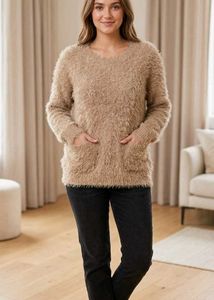 Cozy Chic Furry Beige Winter Top with Pockets