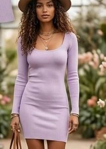 Lilac Ribbed Knit Mini Dress