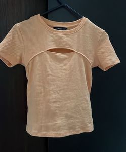 Peach Ribbed Cut-out T-Shirt