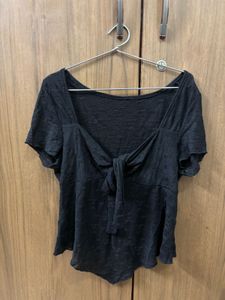 Black Tie-Front Textured Top