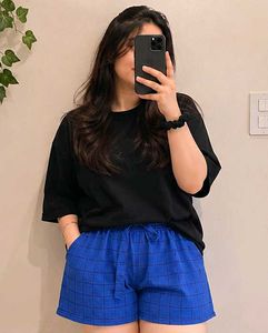 Blue Checkered Paperbag Waist Shorts