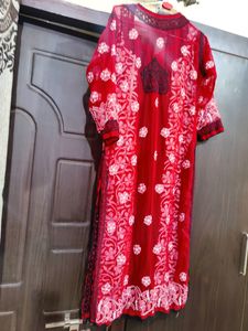 Chikankari Red Kurti With White Threadwork