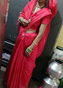 Red Saree with Silver Stripes