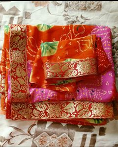 Navratri Special Bandhani Saree - Orange &amp; Pink
