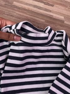 Black With White Strips turtle Neck Crop Top