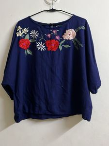 Embroidered Blue Round Neck Top