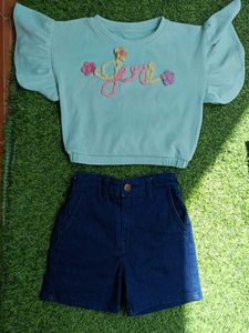 Cute Mint Ruffle Sleeve Top & Denim Shorts Set
