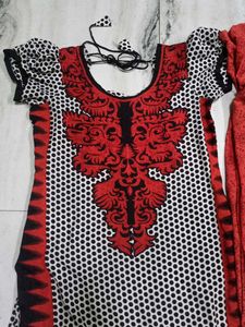 Red &amp; Black Kurta Set with Printed Pants