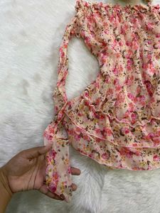 Pink Floral Print Off-Shoulder Tiered Ruffle Top