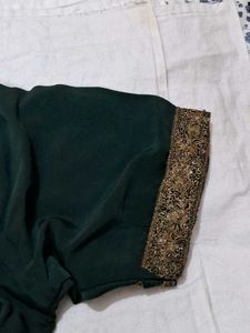 Elegant Dark Green Blouse with Embroidered Sleeves